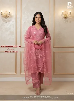 Premium Gold Organza Party Dress with Embroidery & Sequence Work